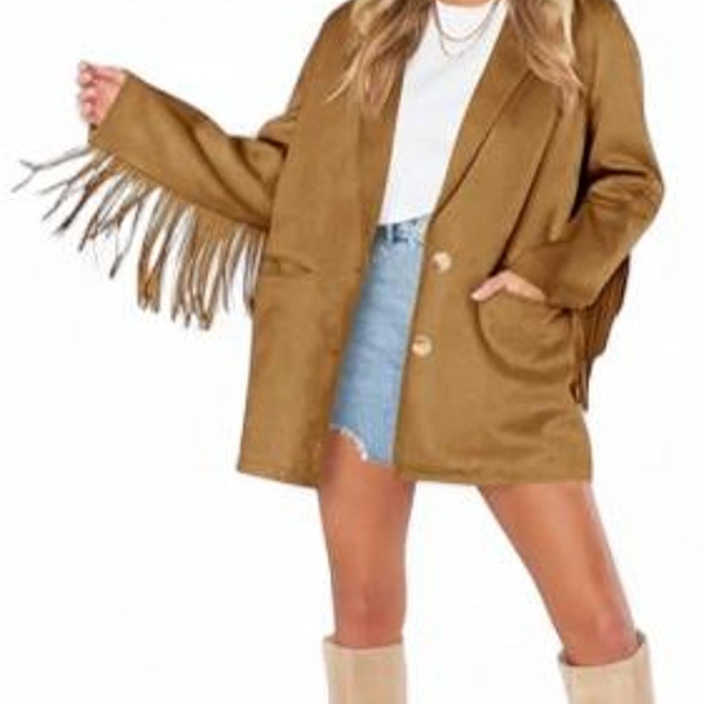 Cicy Bell Womens Faux Suede Fringe Jacket Casual Blazer Button Jacket